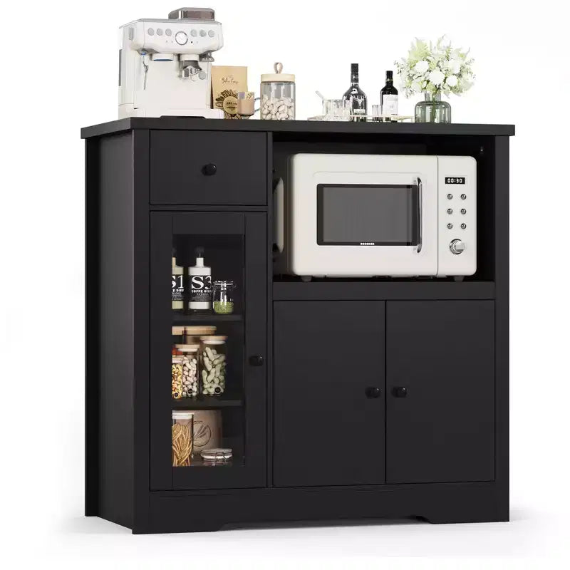 Mobile Microonde Moderno con Ante in Vetro e Ripiano Regolabile, Credenza in Legno con Cassetto