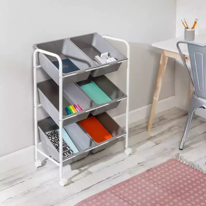 Carrello portaoggetti utilitario in acciaio su rotelle a 6 scomparti, resistente allo sbiadimento, autoportante, 34"H x 24"D, grigio