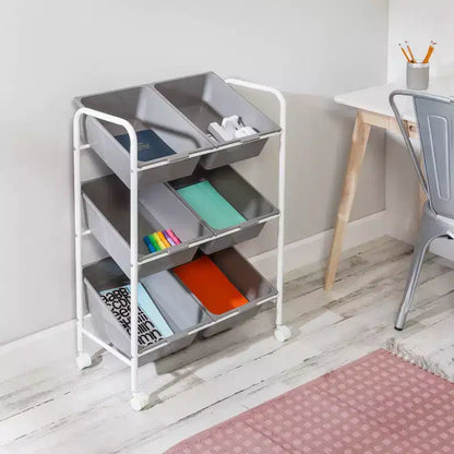 Carrello portaoggetti utilitario in acciaio su rotelle a 6 scomparti, resistente allo sbiadimento, autoportante, 34"H x 24"D, grigio