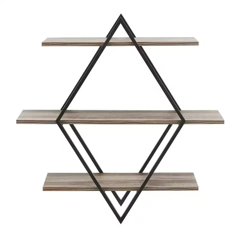 Danya B. 3-Tier Antigua Crossed Double Diamond Wall Shelf Unit Black/Rustic: Laminated Iron Frame, Includes Mounting Brackets