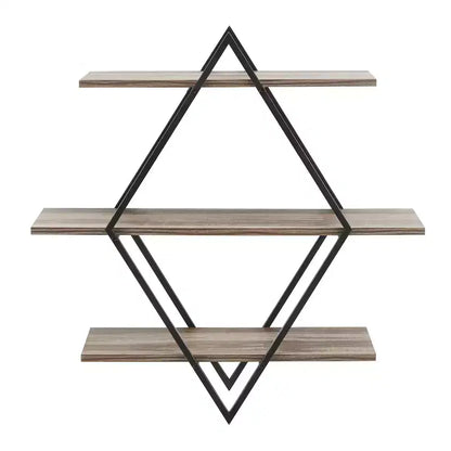 Danya B. 3-Tier Antigua Crossed Double Diamond Wall Shelf Unit Black/Rustic: Laminated Iron Frame, Includes Mounting Brackets