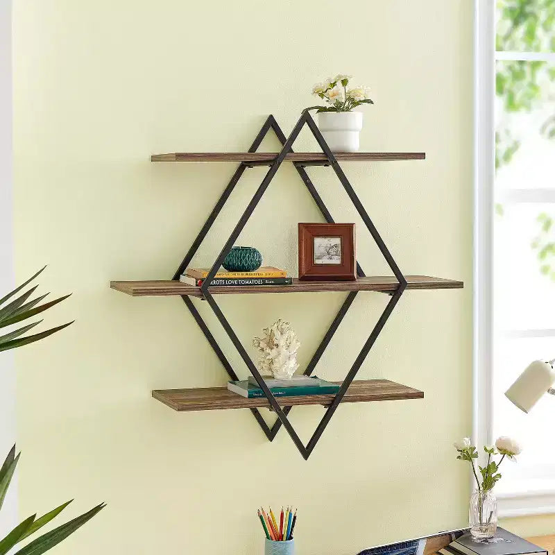 Mensola a muro con tre ripiani Antigua Crossed Double Diamond, nera/rustica, struttura in ferro, hardware di montaggio