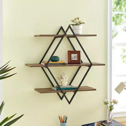 Mensola a muro con tre ripiani Antigua Crossed Double Diamond, nera/rustica, struttura in ferro, hardware di montaggio