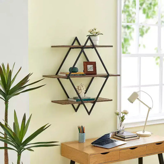 Mensola a muro con tre ripiani Antigua Crossed Double Diamond, nera/rustica, struttura in ferro, hardware di montaggio