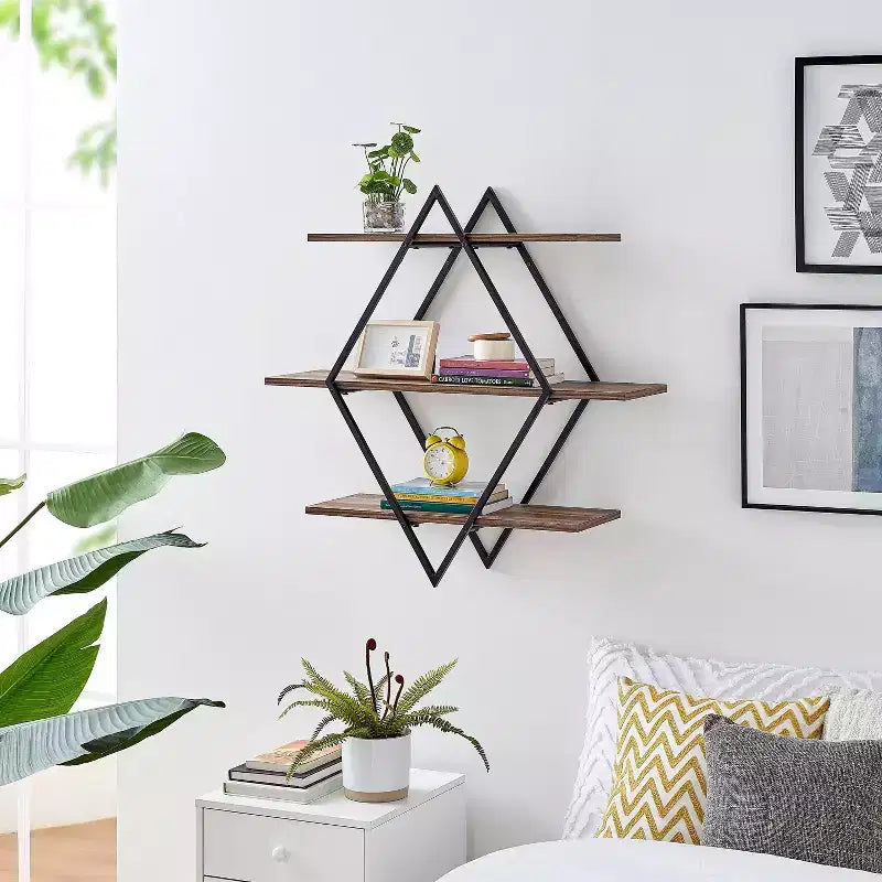 Mensola a muro con tre ripiani Antigua Crossed Double Diamond, nera/rustica, struttura in ferro, hardware di montaggio