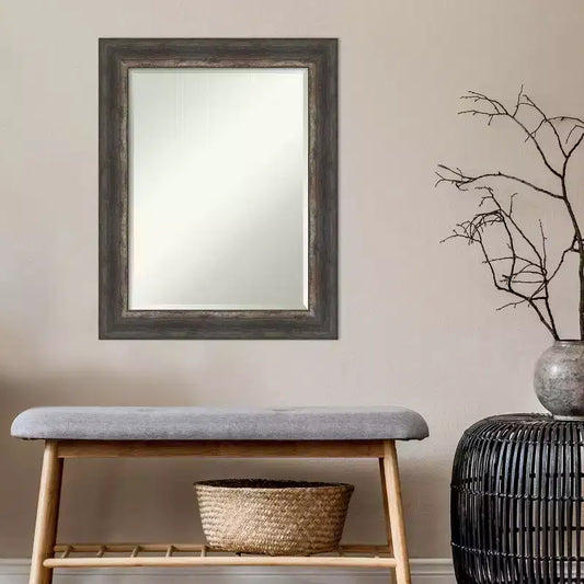 Specchio da parete con cornice rustica in corteccia marrone 23"x29", vetro smussato, montaggio a parete, nessun assemblaggio richiesto