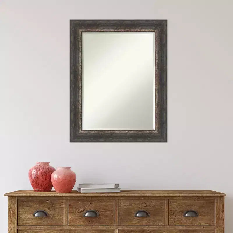 Specchio da parete con cornice rustica in corteccia marrone 23"x29", vetro smussato, montaggio a parete, nessun assemblaggio richiesto