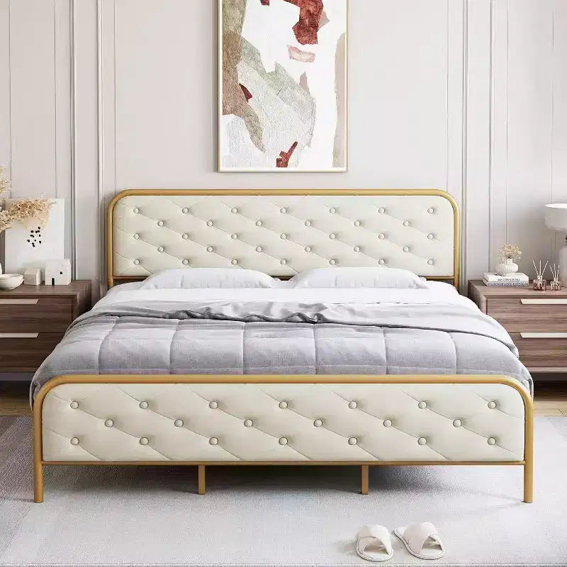 Struttura letto king size in velluto imbottito - Testiera curva capitonné e metallo dorato