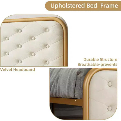 Letto Matrimoniale King Size con Struttura in Velluto - Testiera Curva Capitonnè, Base in Metallo Dorato