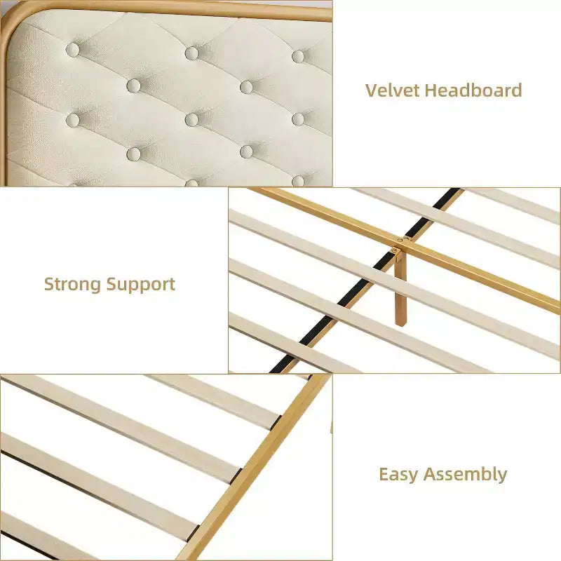 Struttura letto king size in velluto imbottito - Testiera curva capitonné e metallo dorato