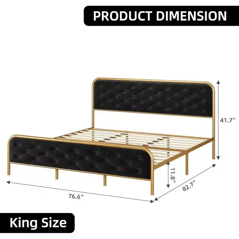 Letto Matrimoniale King Size con Struttura in Velluto - Testiera Curva Capitonnè, Base in Metallo Dorato