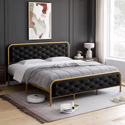Letto Matrimoniale King Size con Struttura in Velluto - Testiera Curva Capitonnè, Base in Metallo Dorato