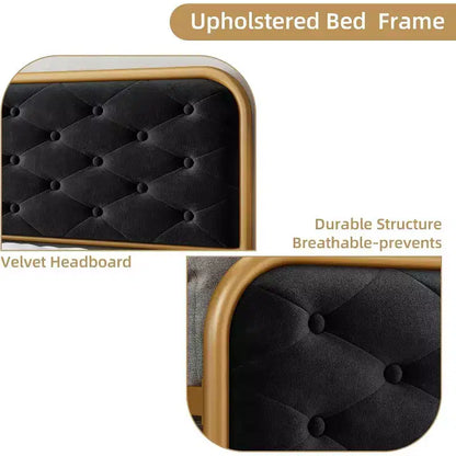 Letto Matrimoniale King Size con Struttura in Velluto - Testiera Curva Capitonnè, Base in Metallo Dorato