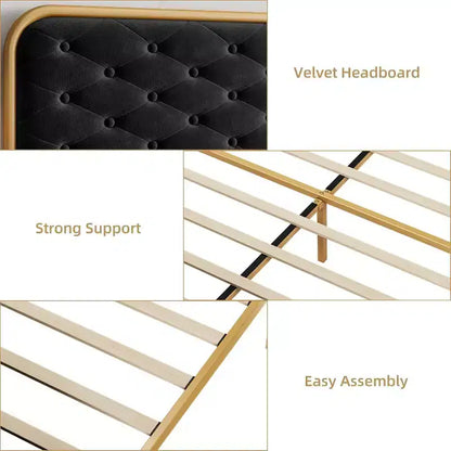 Struttura letto king size in velluto imbottito - Testiera curva capitonné e metallo dorato
