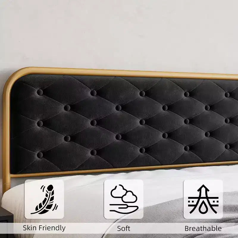 Struttura letto king size in velluto imbottito - Testiera curva capitonné e metallo dorato