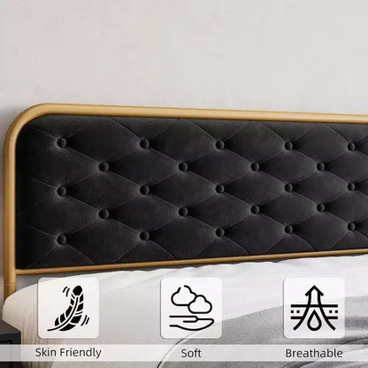 Struttura letto king size in velluto imbottito - Testiera curva capitonné e metallo dorato