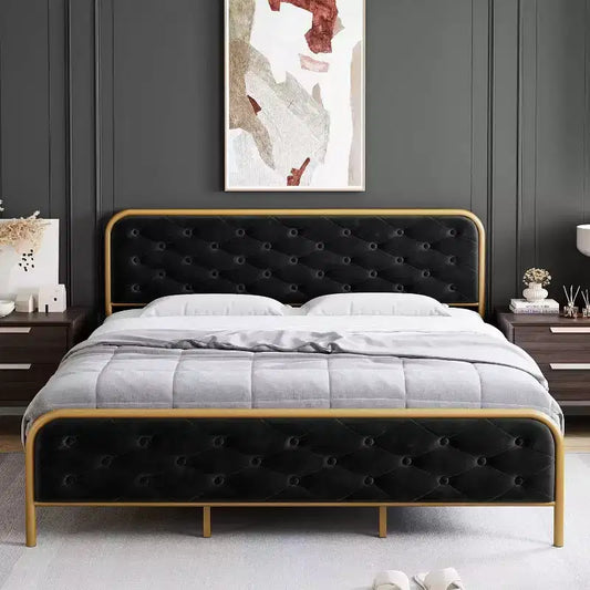 Acekool King Size Velvet Upholstered Platform Bed Frame with Button Tufted Curved Headboard & Gold Metal Frame