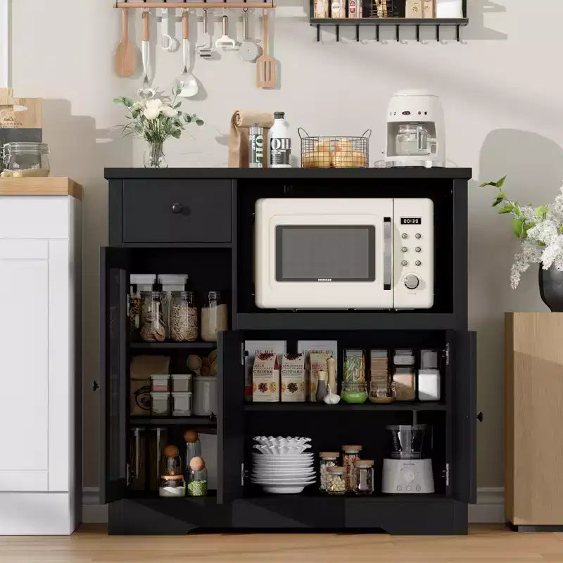 Mobile Microonde Moderno con Ante in Vetro e Ripiano Regolabile, Credenza in Legno con Cassetto