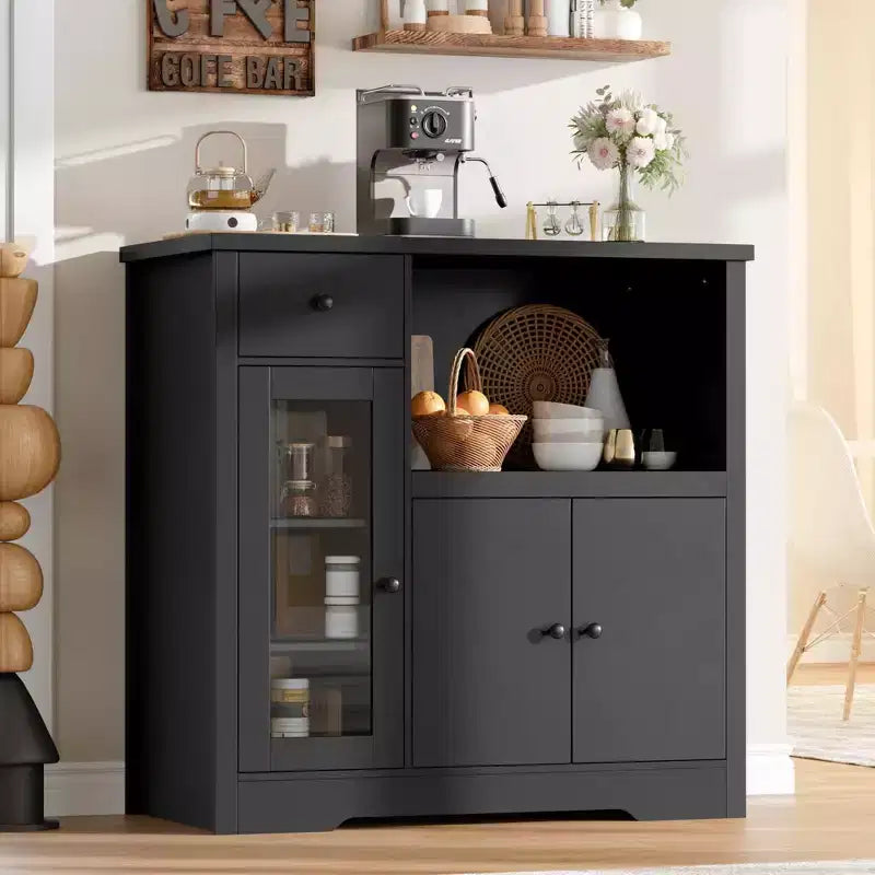Mobile Microonde Moderno con Ante in Vetro e Ripiano Regolabile, Credenza in Legno con Cassetto