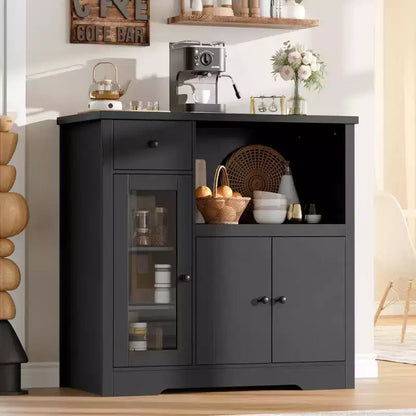 Buffet moderno per microonde con ante in vetro, cassetti e ripiani regolabili