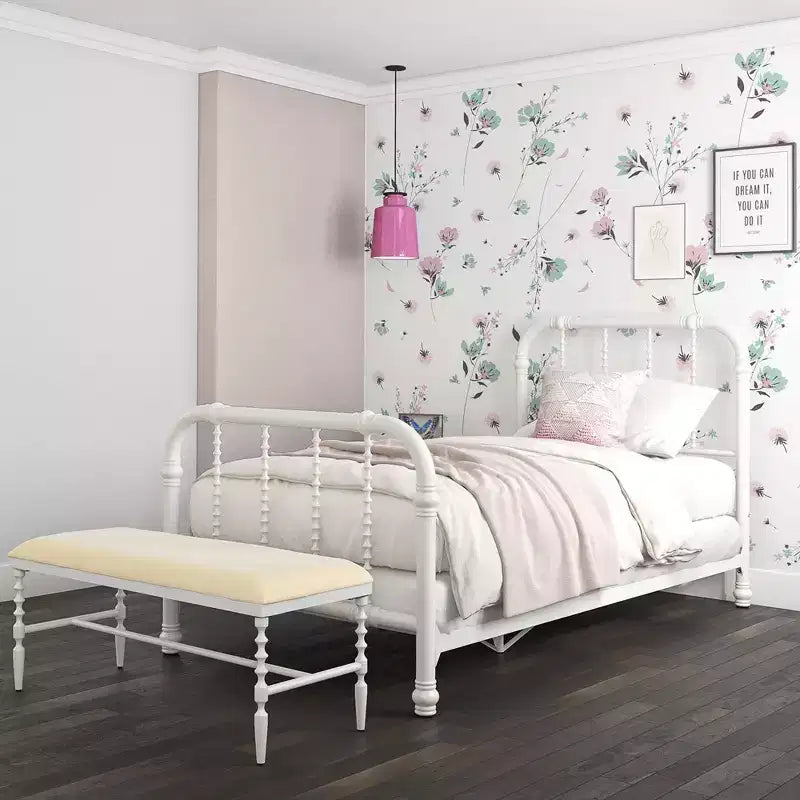 Struttura letto matrimoniale in metallo - Design vintage a volute bianche con supporto centrale