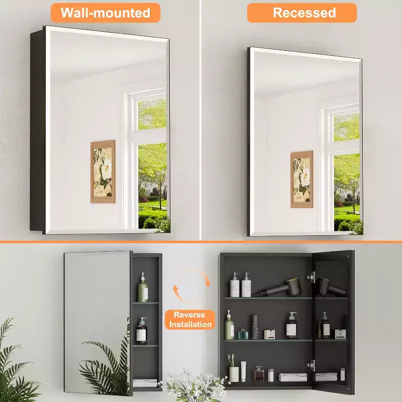 Mobiletto da bagno a incasso/da parete con specchio smussato e ripiani in vetro regolabili - Nero