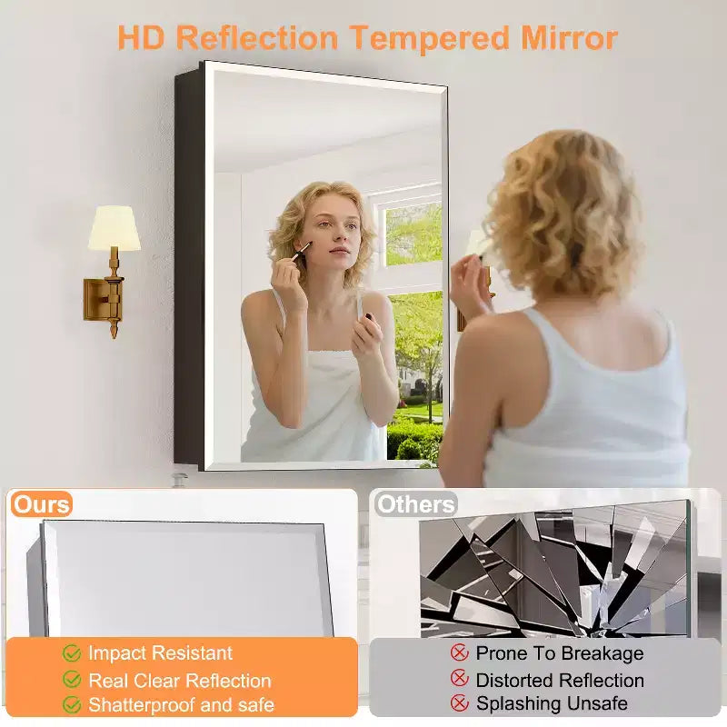 Mobiletto da bagno a incasso/da parete con specchio smussato e ripiani in vetro regolabili - Nero