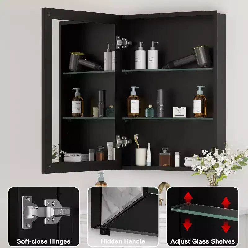 Mobiletto da bagno a incasso/da parete con specchio smussato e ripiani in vetro regolabili - Nero