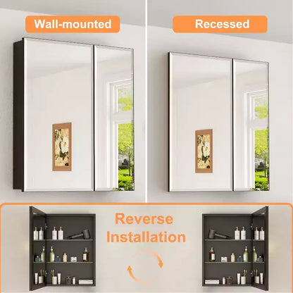 Mobiletto da bagno a incasso/da parete con specchio smussato e ripiani in vetro regolabili - Nero