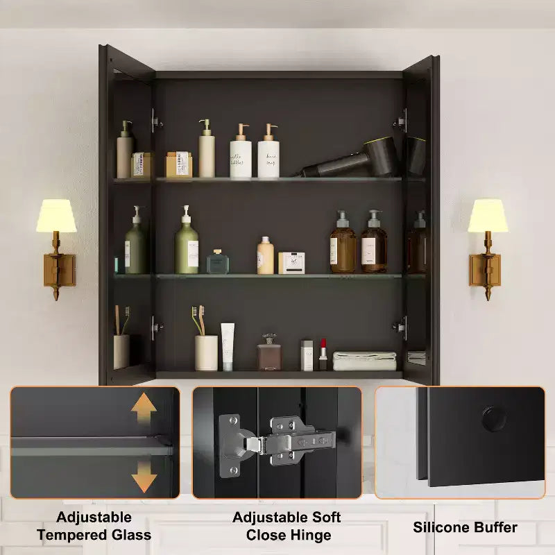 Mobiletto da bagno a incasso/da parete con specchio smussato e ripiani in vetro regolabili - Nero