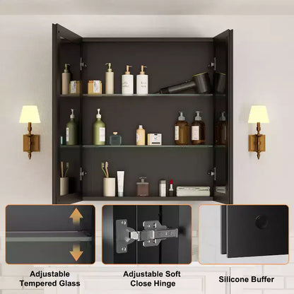Mobiletto da bagno a incasso/da parete con specchio smussato e ripiani in vetro regolabili - Nero
