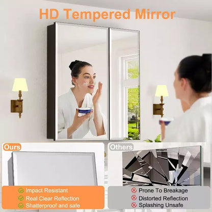 Mobiletto da bagno a incasso/da parete con specchio smussato e ripiani in vetro regolabili - Nero