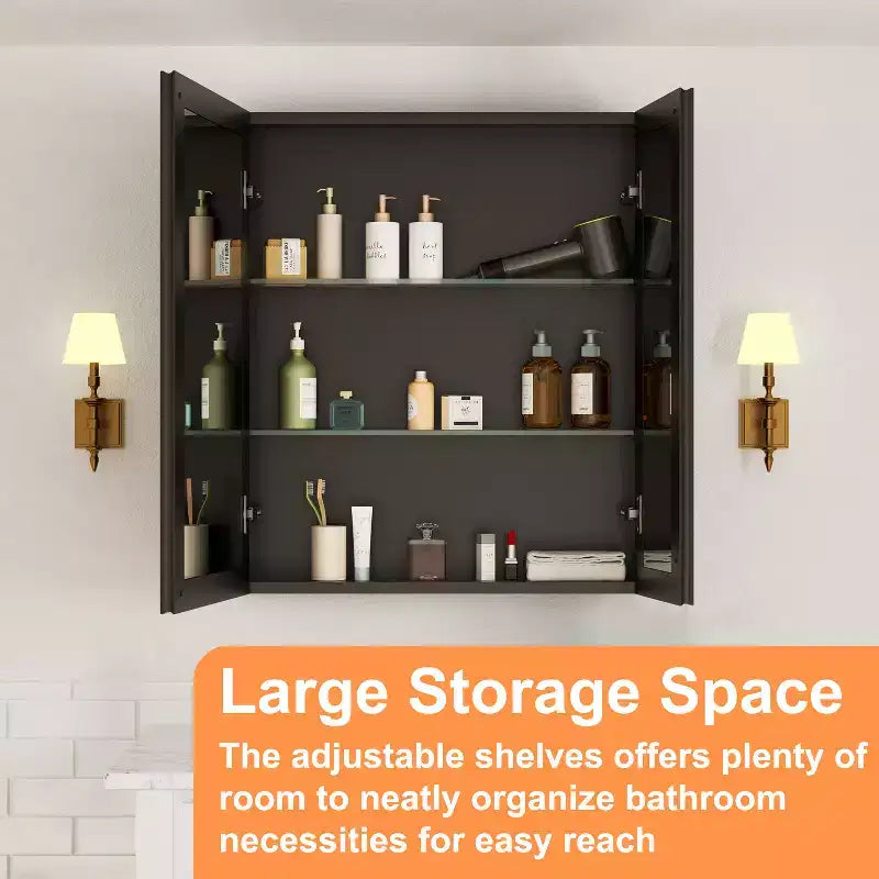 Mobiletto da bagno a incasso/da parete con specchio smussato e ripiani in vetro regolabili - Nero