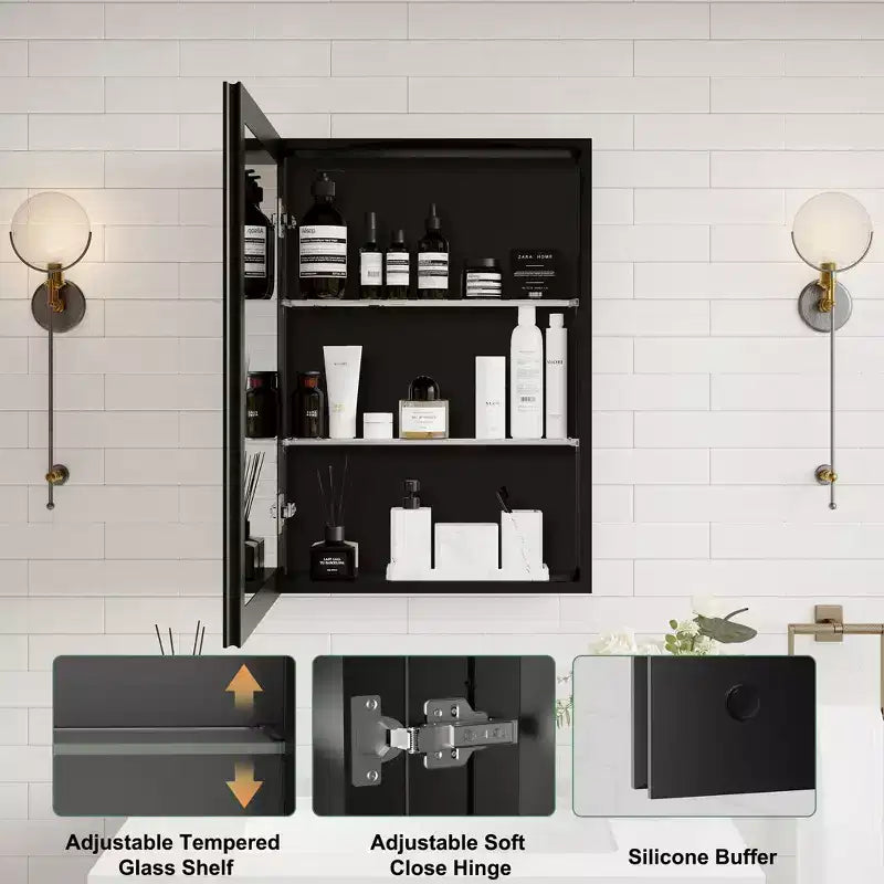 Mobiletto da bagno a incasso/da parete con specchio smussato e ripiani in vetro regolabili - Nero