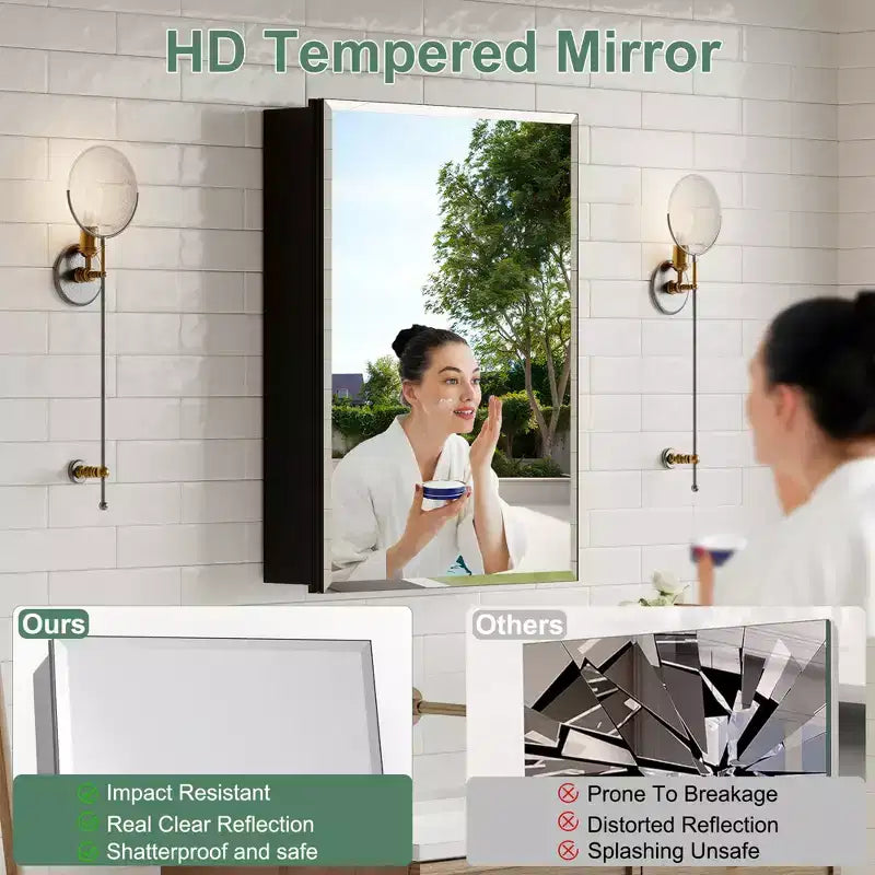 Mobiletto da bagno a incasso/da parete con specchio smussato e ripiani in vetro regolabili - Nero