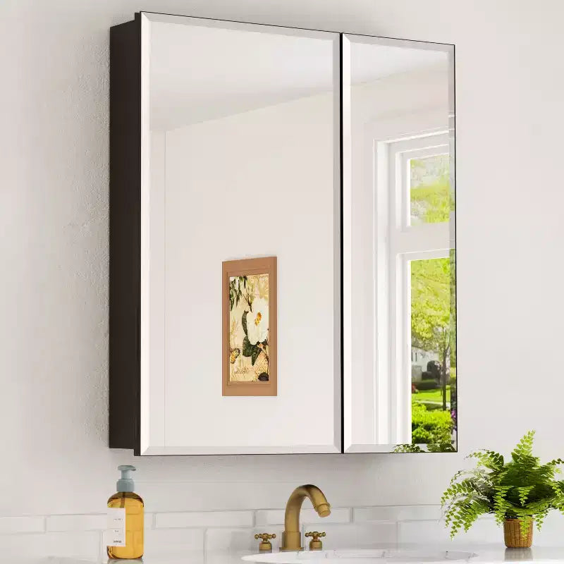 Mobiletto da bagno a incasso/da parete con specchio smussato e ripiani in vetro regolabili - Nero