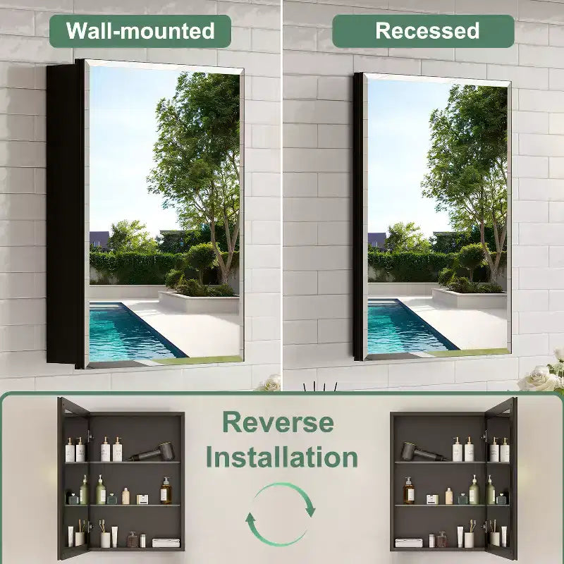 Mobiletto da bagno a incasso/da parete con specchio smussato e ripiani in vetro regolabili - Nero