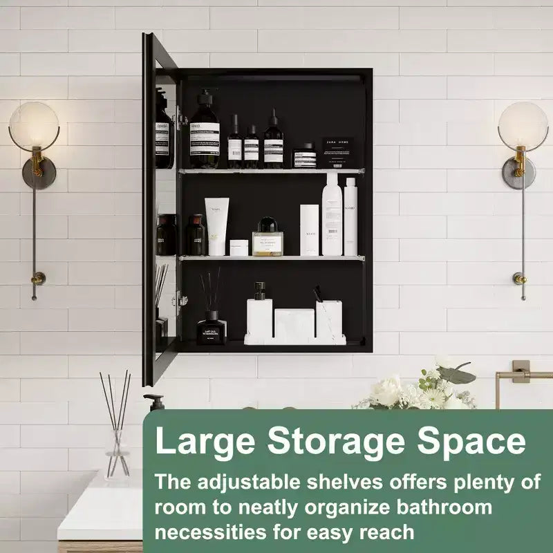 Mobiletto da bagno a incasso/da parete con specchio smussato e ripiani in vetro regolabili - Nero