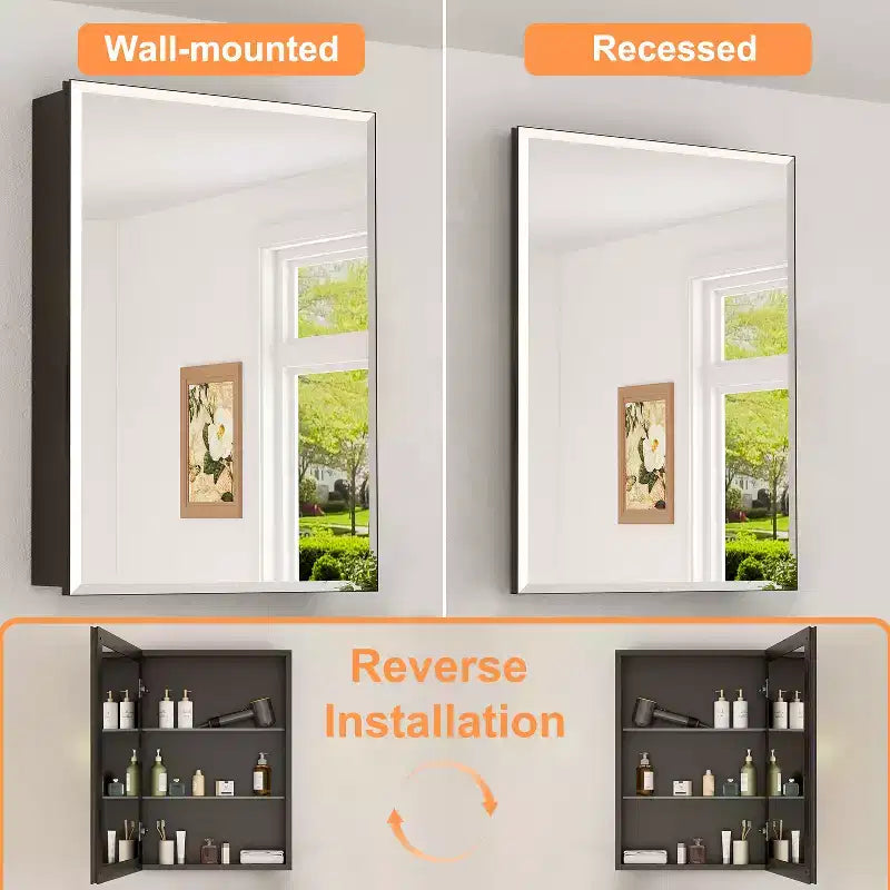 Mobiletto da bagno a incasso/da parete con specchio smussato e ripiani in vetro regolabili - Nero