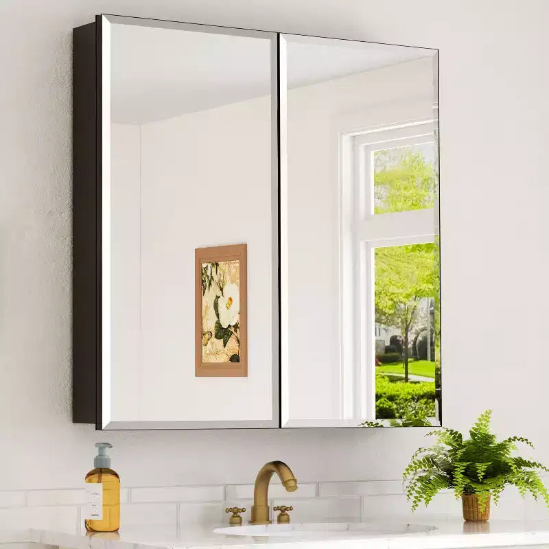 Mobiletto da bagno a incasso/da parete con specchio smussato e ripiani in vetro regolabili - Nero