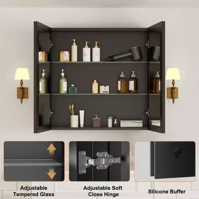 Mobiletto da bagno a incasso/da parete con specchio smussato e ripiani in vetro regolabili - Nero