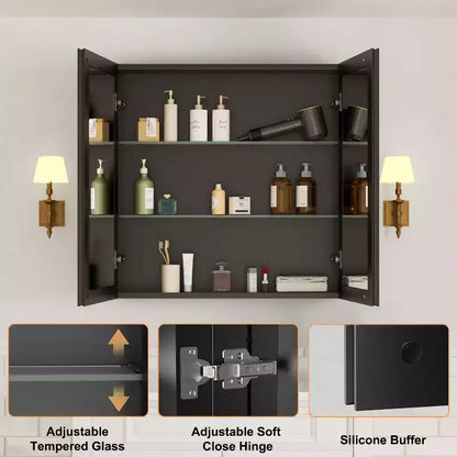 Mobiletto da bagno a incasso/da parete con specchio smussato e ripiani in vetro regolabili - Nero