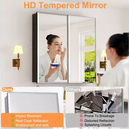 Mobiletto da bagno a incasso/da parete con specchio smussato e ripiani in vetro regolabili - Nero