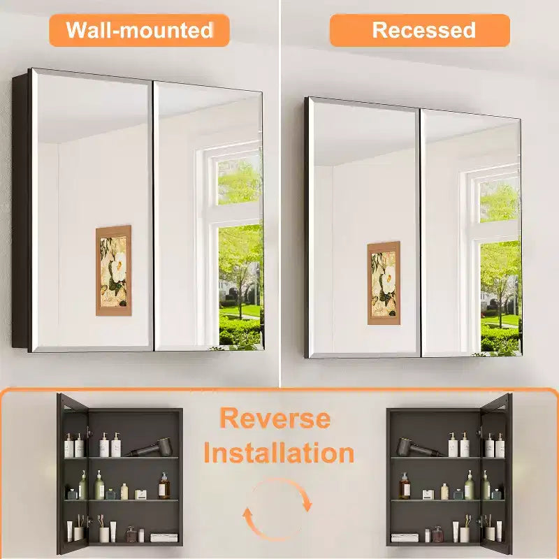 Mobiletto da bagno a incasso/da parete con specchio smussato e ripiani in vetro regolabili - Nero