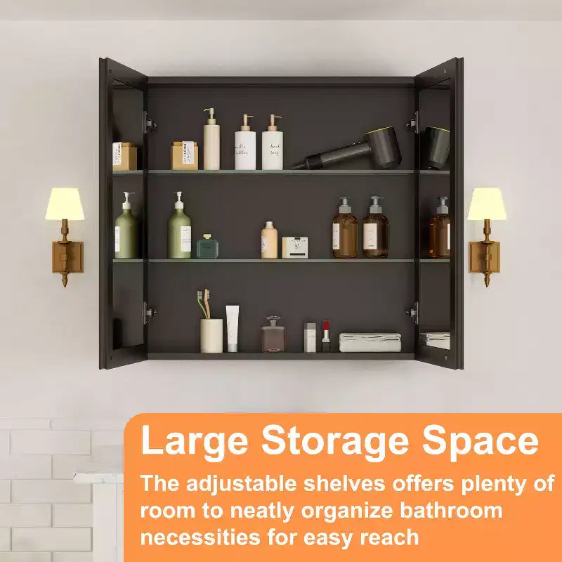 Mobiletto da bagno a incasso/da parete con specchio smussato e ripiani in vetro regolabili - Nero