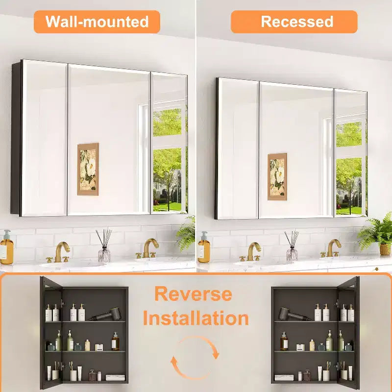 Mobiletto da bagno a incasso/da parete con specchio smussato e ripiani in vetro regolabili - Nero