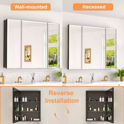 Mobiletto da bagno a incasso/da parete con specchio smussato e ripiani in vetro regolabili - Nero
