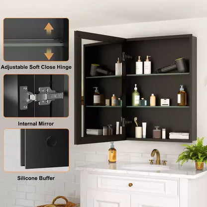 Mobiletto da bagno a incasso/da parete con specchio smussato e ripiani in vetro regolabili - Nero