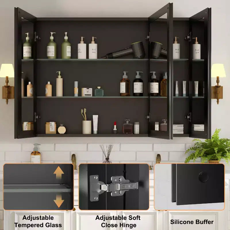 Mobiletto da bagno a incasso/da parete con specchio smussato e ripiani in vetro regolabili - Nero