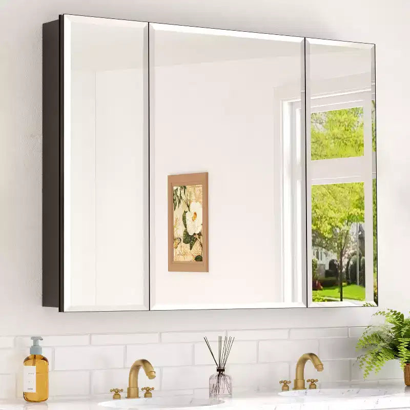 Mobiletto da bagno a incasso/da parete con specchio smussato e ripiani in vetro regolabili - Nero